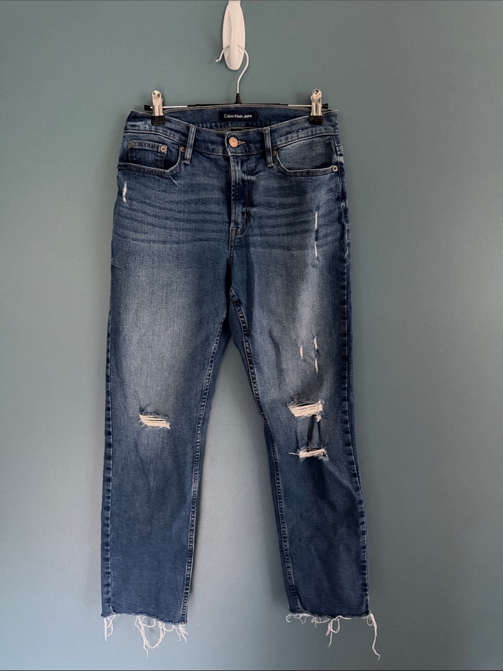 Calvin Klein Blue Denim Distressed High Rise Straight-Leg Jeans Sz 27